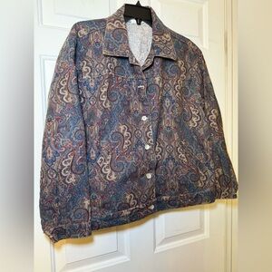 Norm Thompson Vintage Paisley Print Denim Jacket Size XL Red Blue Tan USA Boho